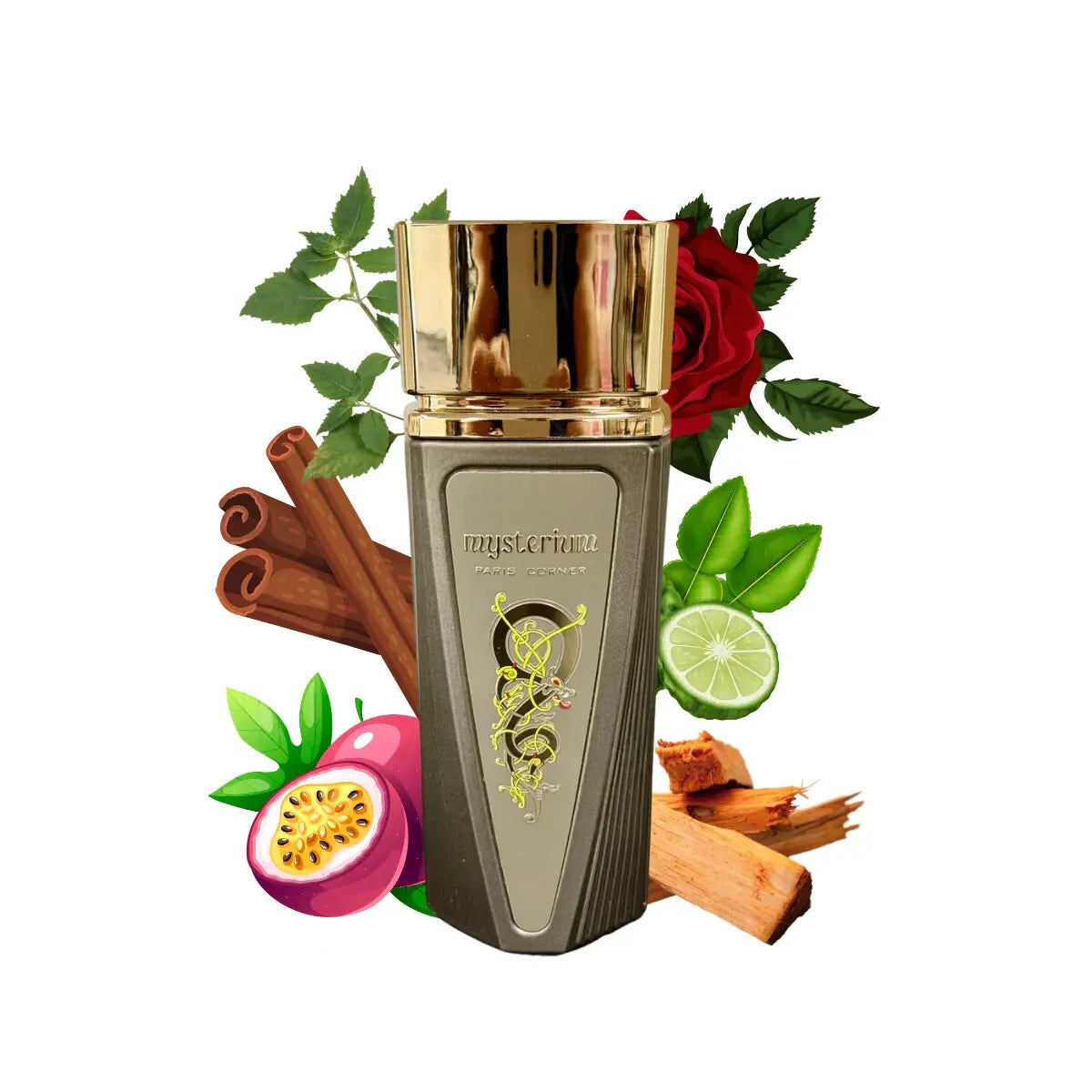 detalle del frasco del perfume paris corner mysterium con tapa metálica y tonos profundos representando misterio y lujo