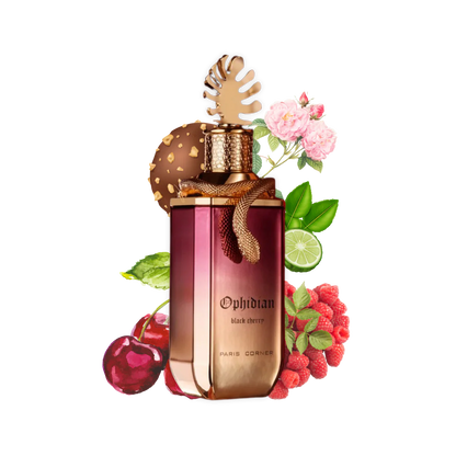 imagen completa del perfume paris corner Ophidian Black Cherry con frasco y caja en composición visual