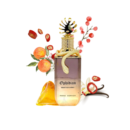 imagen del perfume ophidian sweet surrender paris corner eau de parfum mostrando la botella rectangular y su empaque