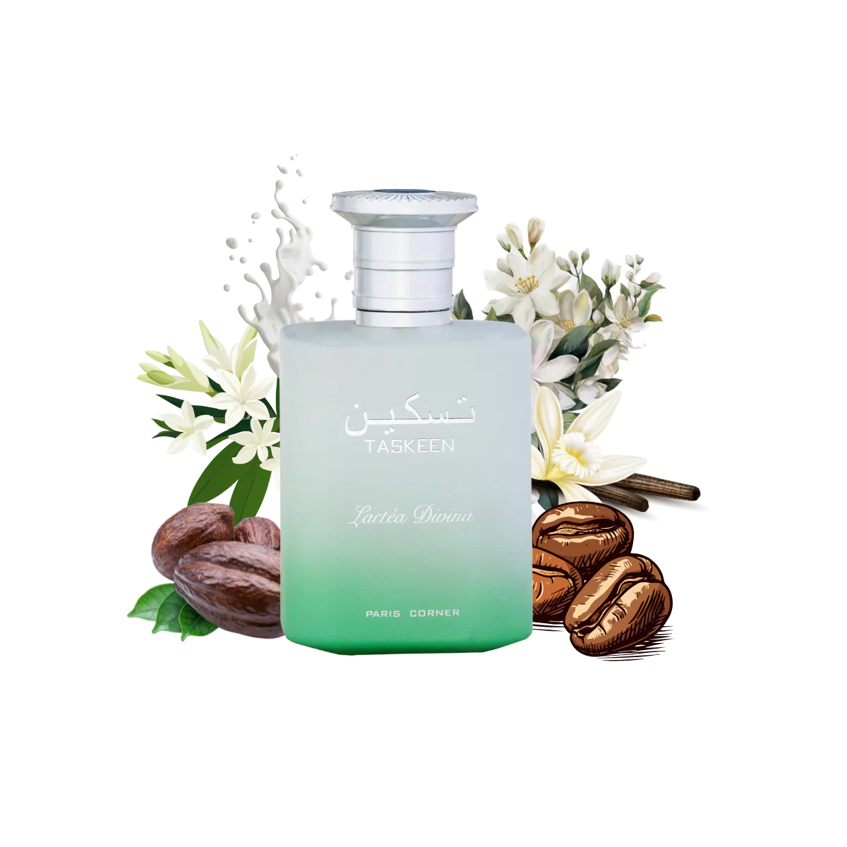 detalle del frasco del perfume taskeen lactea divina paris corner con reflejos luminosos que evocan suavidad y lujo