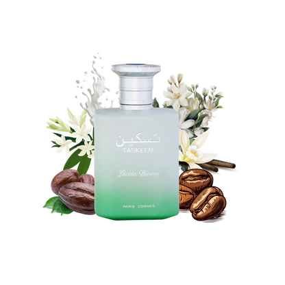 detalle del frasco del perfume taskeen lactea divina paris corner con reflejos luminosos que evocan suavidad y lujo