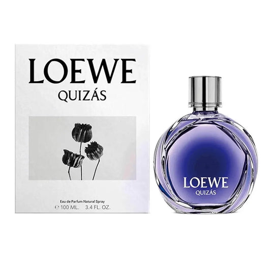 perfume quizas de loewe eau de parfum 100ml frasco redondo de color oscuro con detalles dorados sobre fondo blanco