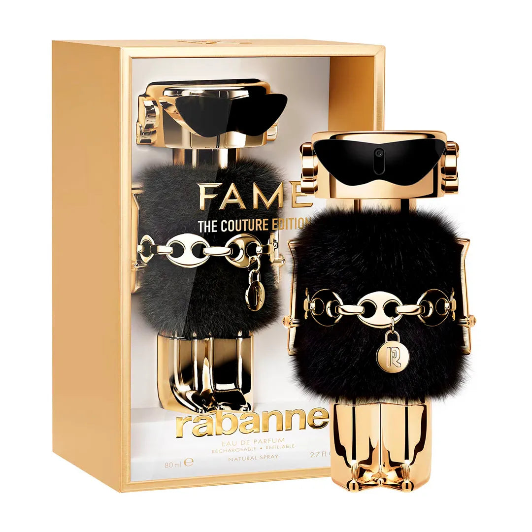 Perfume Rabanne Fame The Couture Edition Mujer 80ml frasco dorado con diseño moderno sobre fondo blanco