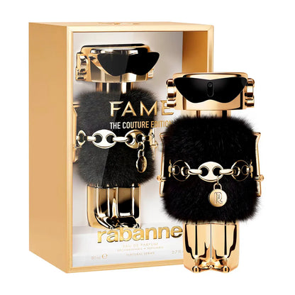 Perfume Rabanne Fame The Couture Edition Mujer 80ml frasco dorado con diseño moderno sobre fondo blanco