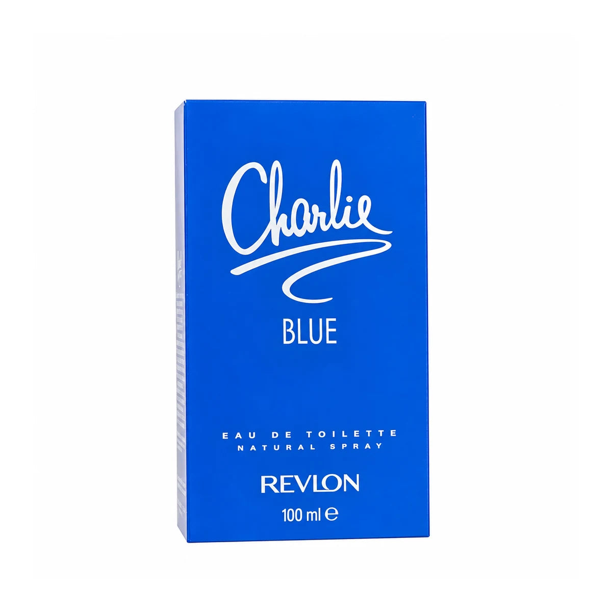 Caja azul del perfume Revlon Charlie Blue Eau de Toilette 100 ml con logotipo blanco y presentación original