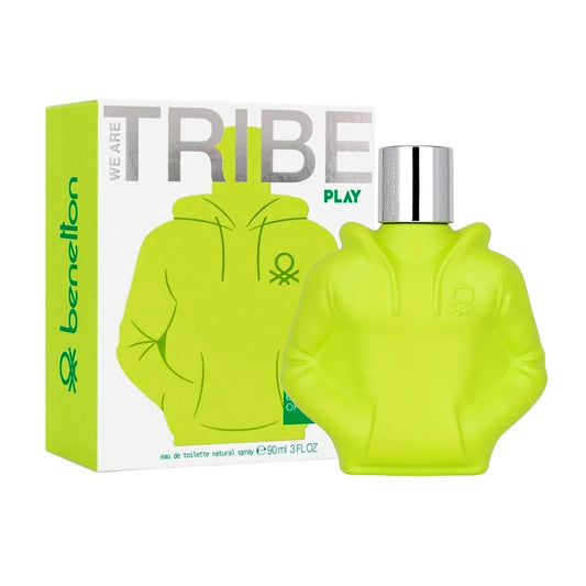 frasco del perfume Benetton We Are Tribe Play EdT 90 ml sobre una caja blanca y verde