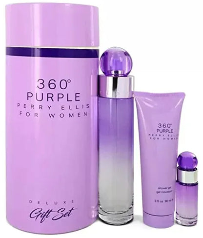 Set Perry Ellis 360 Purple Deluxe EDP 100 ml perfume femenino con accesorios aroma elegante y sensual combinación de frutos del bosque flores púrpuras y notas cremosas ideal para regalo sofisticado