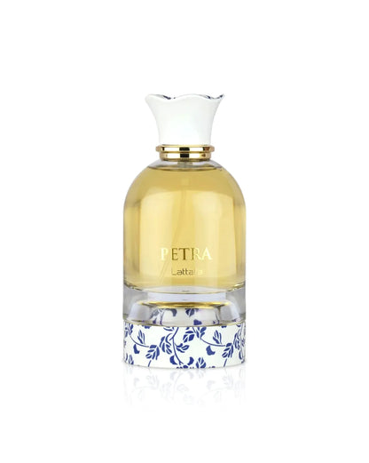 Perfume Lattafa Petra EDP 100ml frasco elegante con detalles geométricos y estuche de lujo