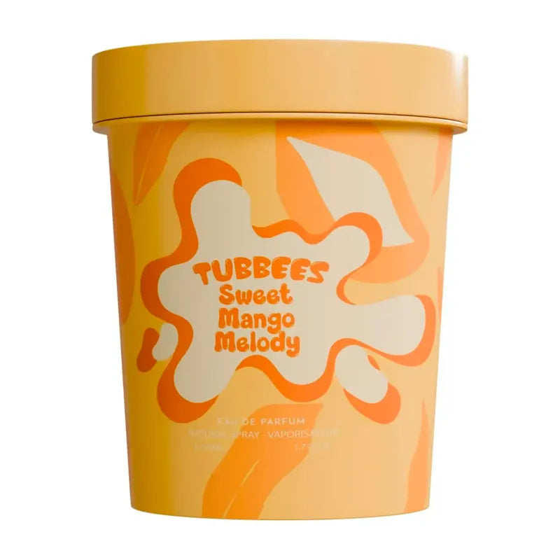 Frasco del perfume Sweet Mango Melody Tubbees Eau de Parfum diseño tropical colorido