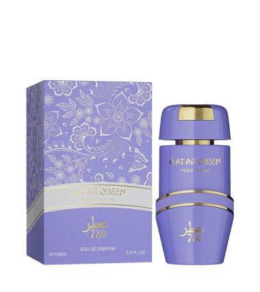 Caja del perfume Qatar Queen Jo Milano 100 ml con diseño dorado y logotipo distintivo de la marca