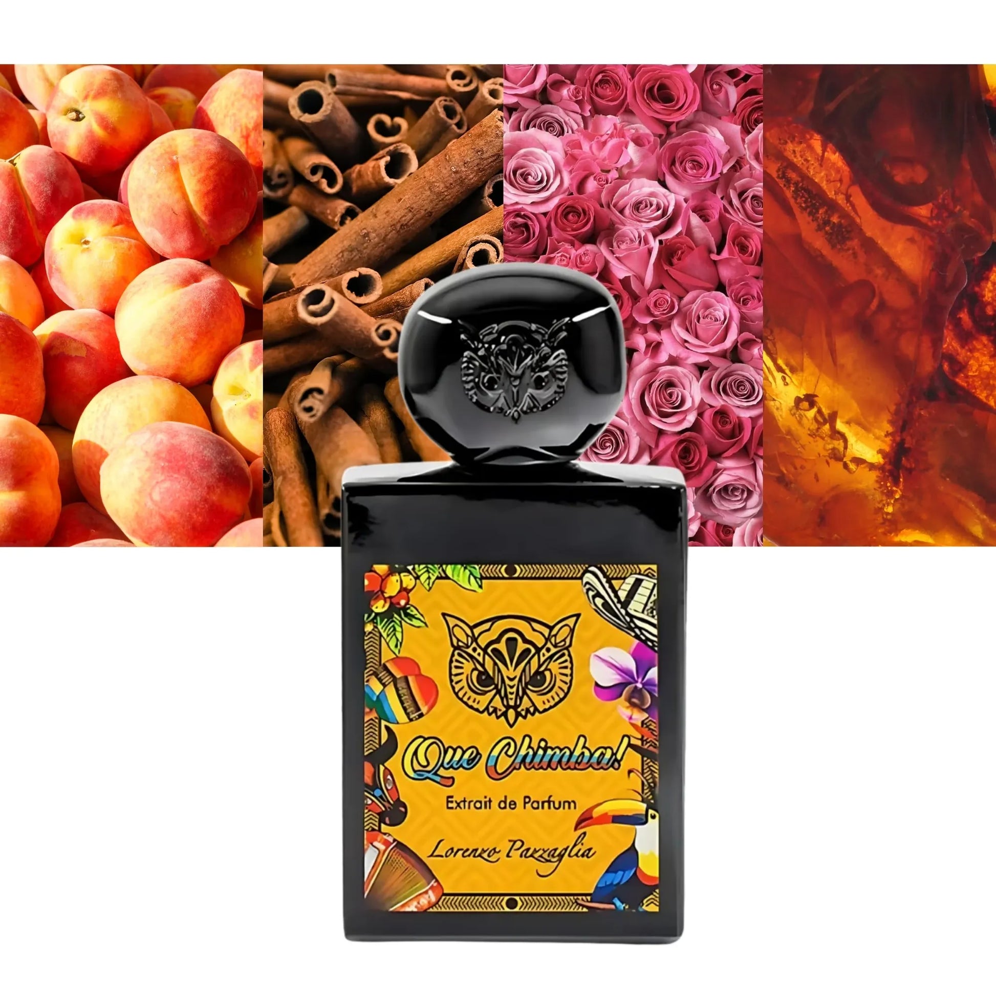 presentación completa del perfume Que Chimba Lorenzo Pazzaglia 50ml con frasco y caja en composición profesional