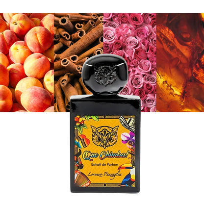 presentación completa del perfume Que Chimba Lorenzo Pazzaglia 50ml con frasco y caja en composición profesional