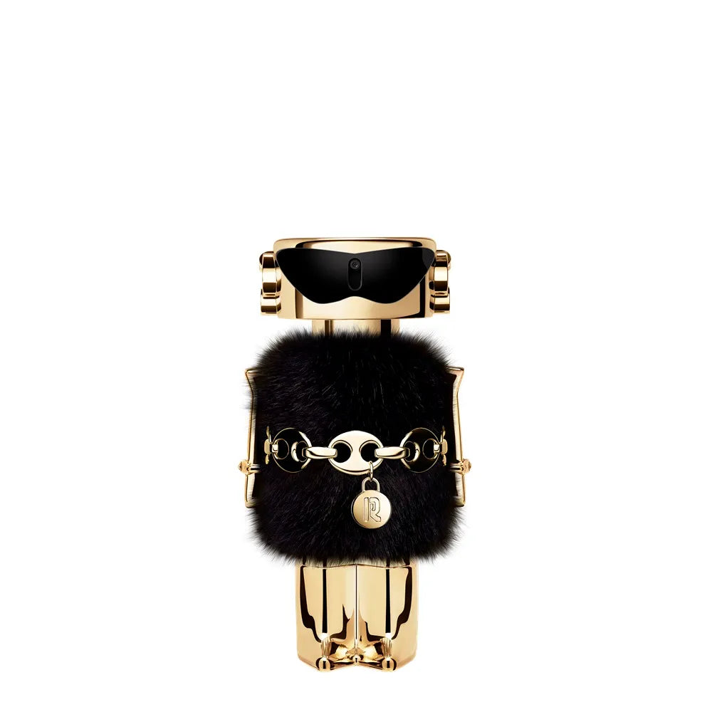 Detalle del frasco del perfume Rabanne Fame The Couture Edition resaltando textura metálica y acabados brillantes