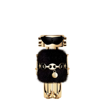 Detalle del frasco del perfume Rabanne Fame The Couture Edition resaltando textura metálica y acabados brillantes