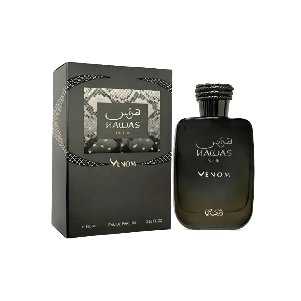 Perfume Rasasi Hawas for Him Venom EDP 100 ml para hombre con aroma ahumado, cuero y vainilla