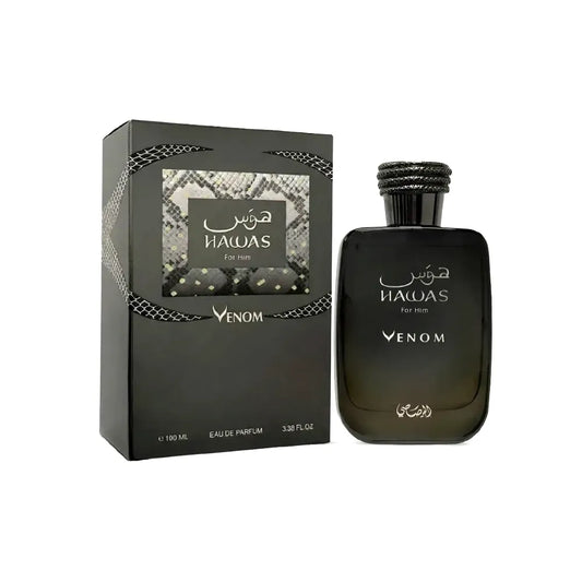 Perfume Rasasi Hawas for Him Venom EDP 100 ml para hombre con aroma ahumado, cuero y vainilla