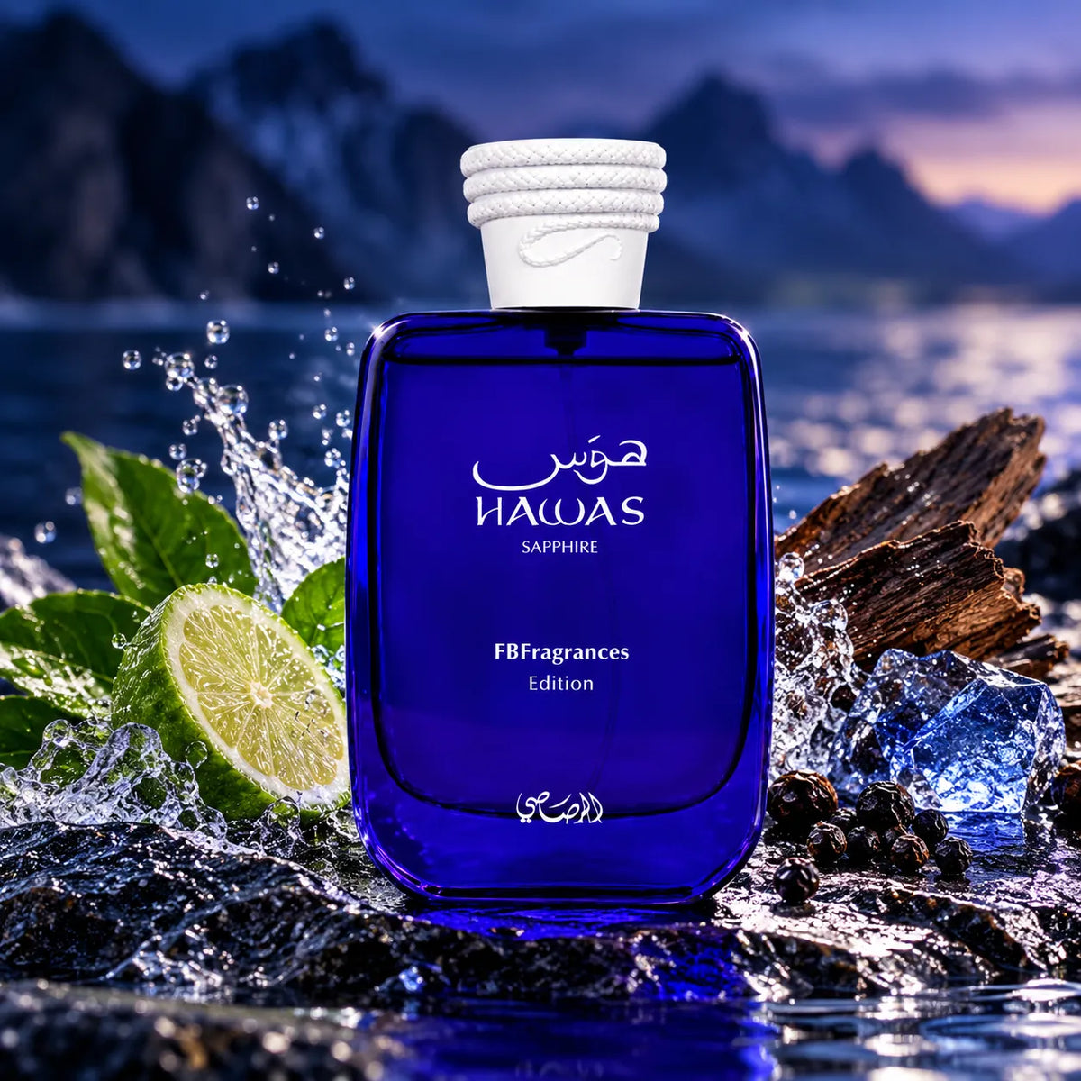 Presentación del perfume Rasasi Hawas Sapphire EDP 100 ml para hombre