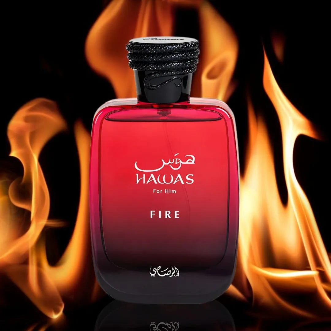 foto del perfume rasasi hawas fire destacando su diseño elegante y su estilo sofisticado masculino