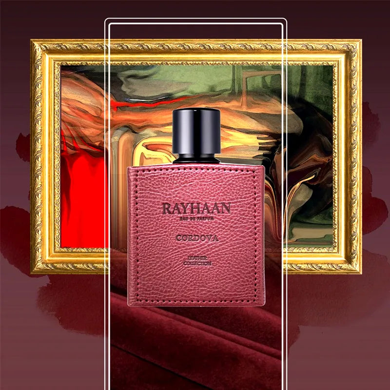 Vista frontal del perfume Rayhaan Cordova Leather Collection para hombre
