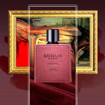 Vista frontal del perfume Rayhaan Cordova Leather Collection para hombre