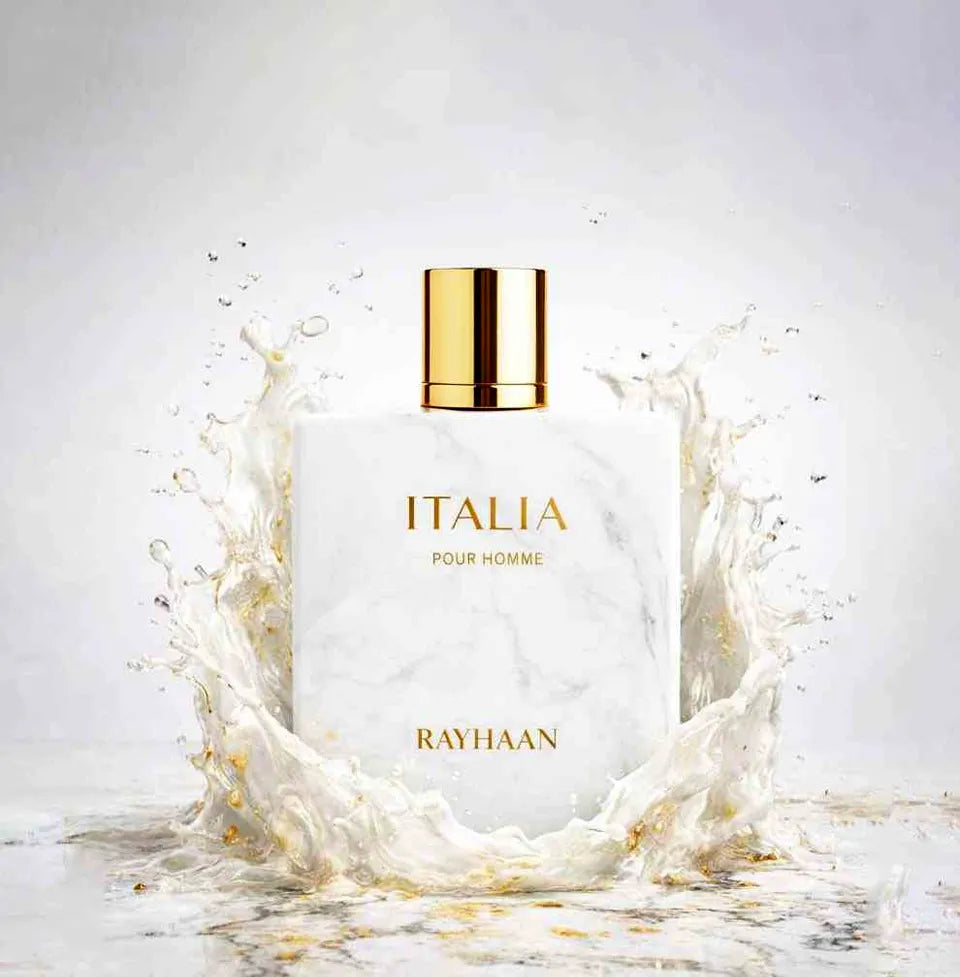 Vista frontal del perfume Rayhaan Italia Pour Homme fragancia masculina sofisticada