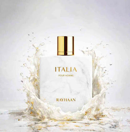 Vista frontal del perfume Rayhaan Italia Pour Homme fragancia masculina sofisticada