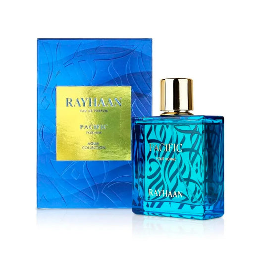 frasco del perfume rayhaan pacific aqua collection 100 ml eau de parfum con diseño azul y estilo moderno
