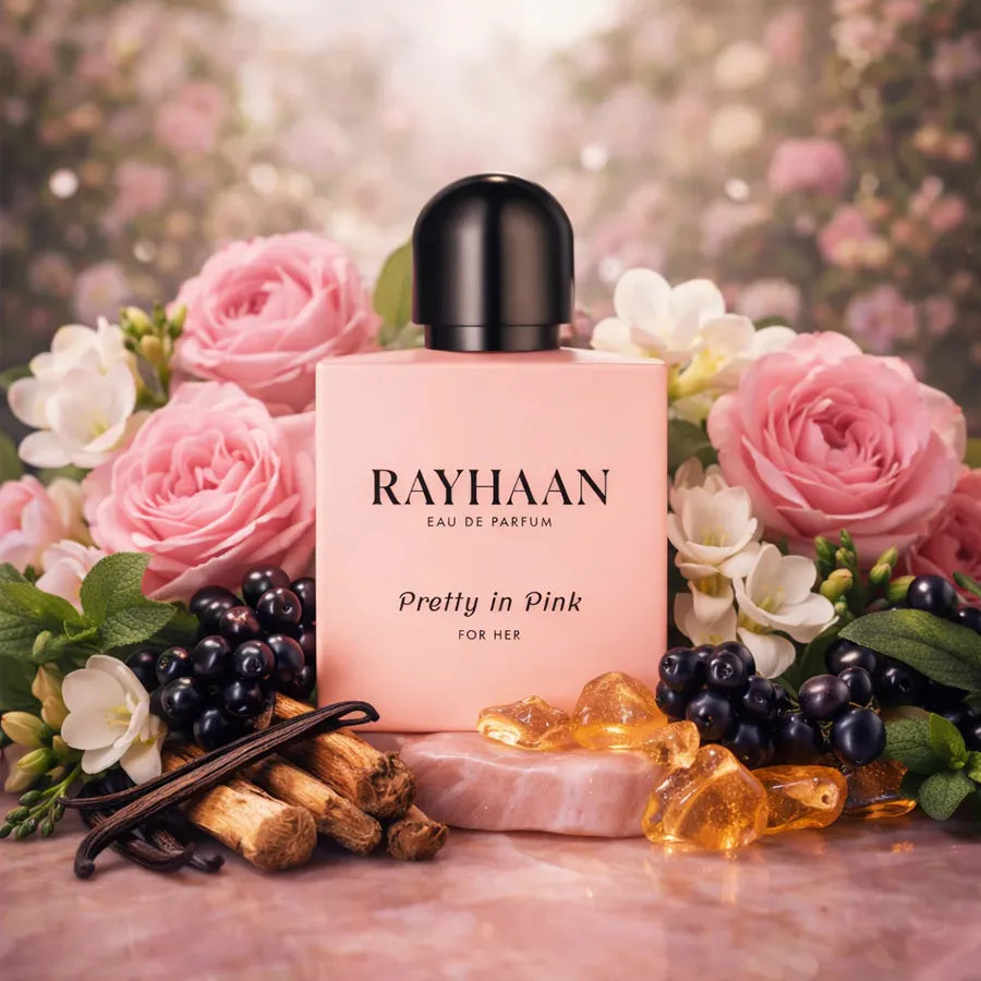 Vista frontal del perfume Rayhaan Pretty In Pink fragancia femenina sofisticada