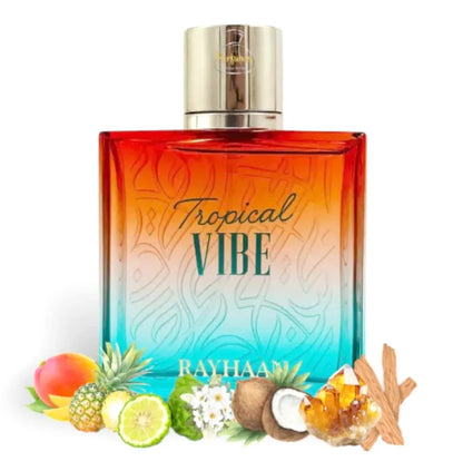Vista frontal del perfume Rayhaan Tropical Vibe fragancia masculina tropical