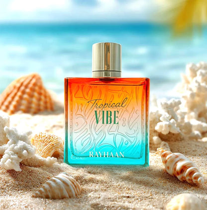 Frasco del perfume Rayhaan Tropical Vibe diseño fresco y moderno masculino