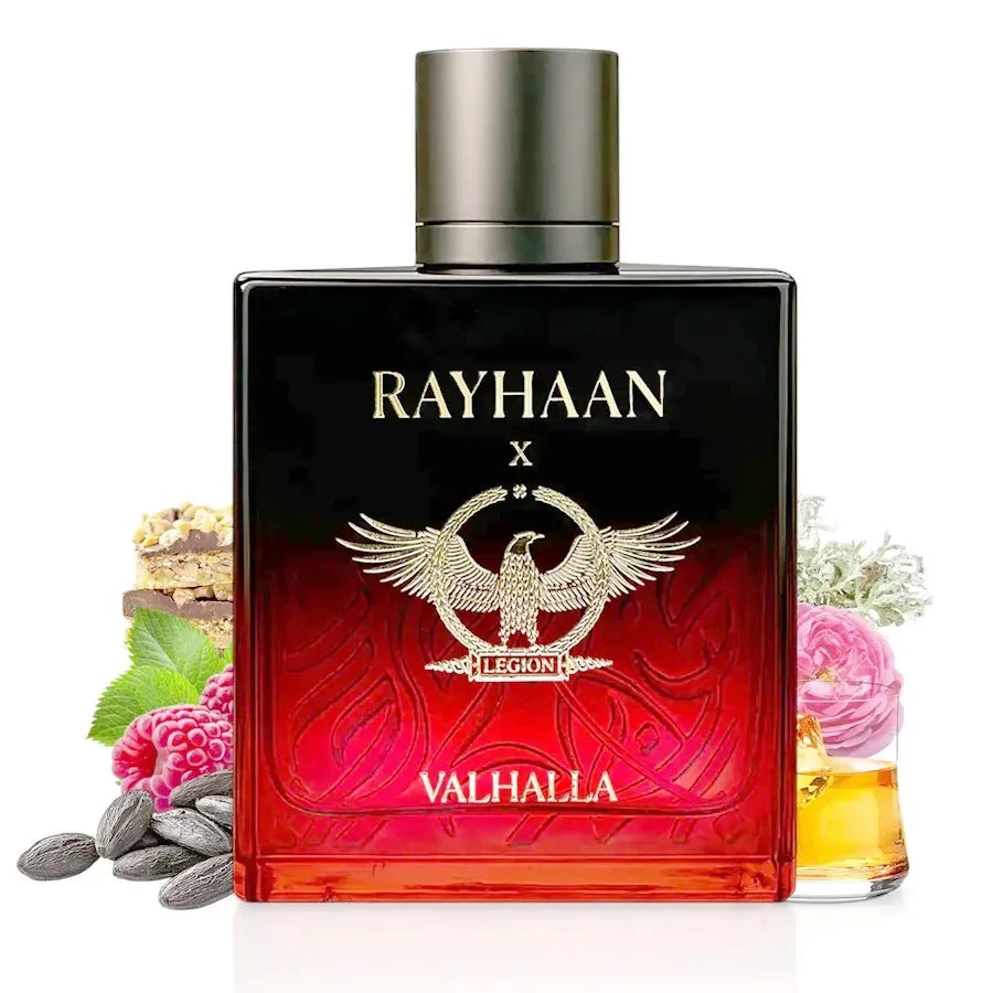 Vista frontal del perfume Rayhaan Valhalla Legion fragancia masculina sofisticada