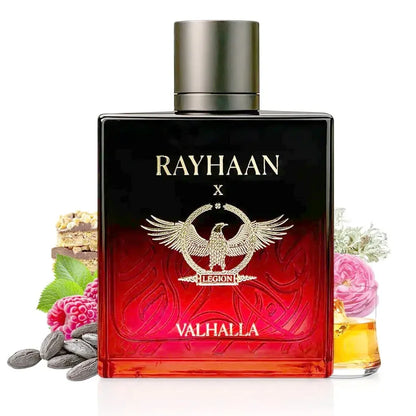 Vista frontal del perfume Rayhaan Valhalla Legion fragancia masculina sofisticada