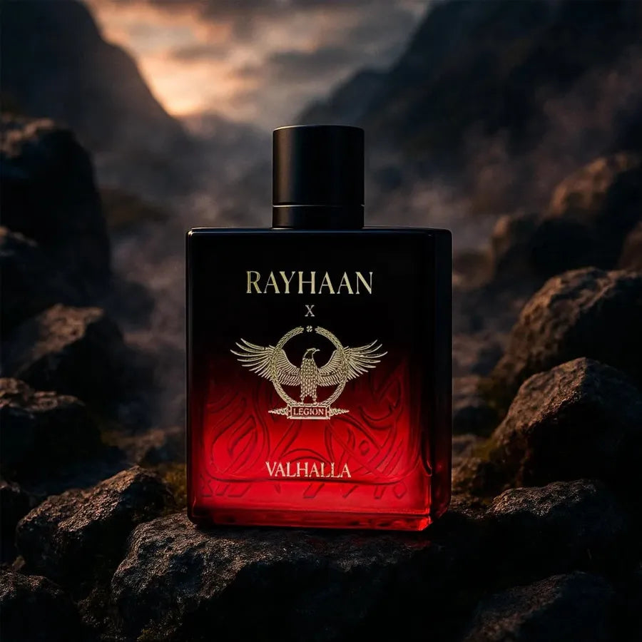 Caja del perfume Rayhaan Valhalla Legion presentación original premium