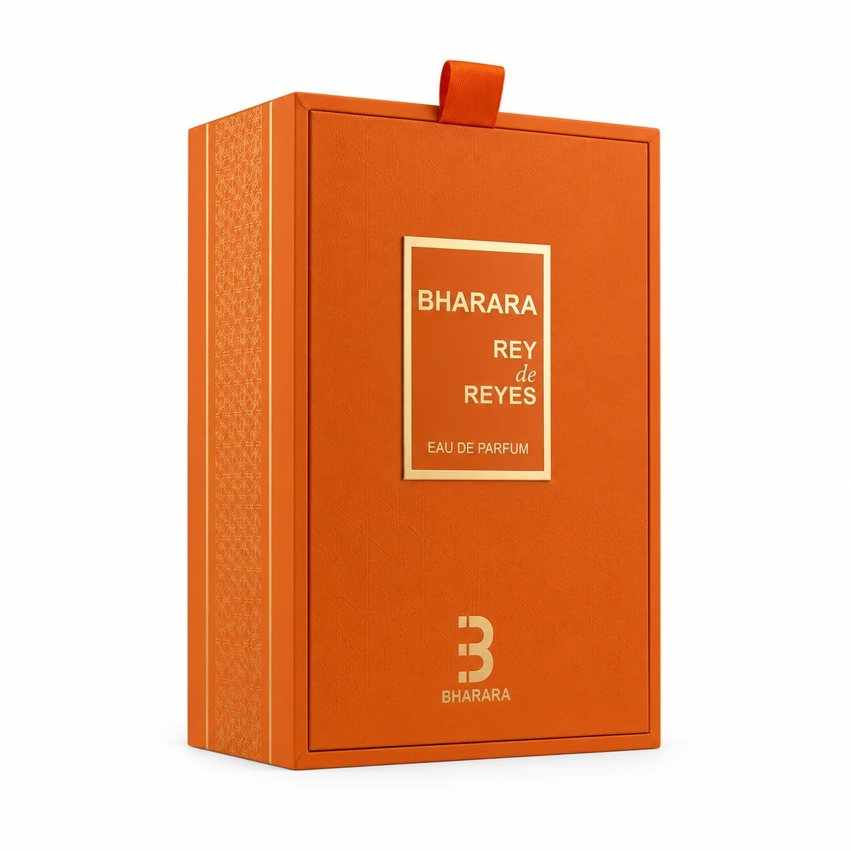 Caja naranja con detalles dorados y lengüeta superior de Bharara Rey de Reyes Orange Eau de Parfum de 100 ml sobre fondo blanco
