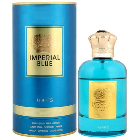 Botella azul intenso de Imperial Blue Riiffs EDP 100ml con diseño masculino y detalles plateados