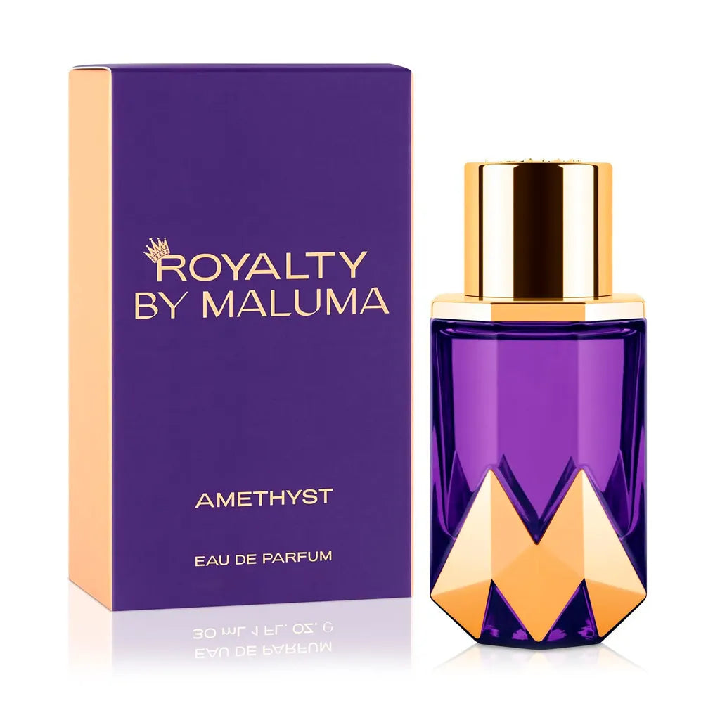 frasco perfume royalty amethyst maluma eau de parfum 75 ml color púrpura con detalles dorados sobre fondo blanco