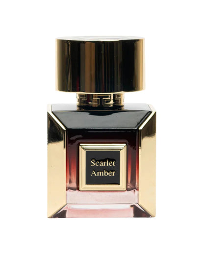 perfume Scarlet Ambar Korbaj Parfums mostrando diseño elegante y etiqueta en presentación dorada dorada