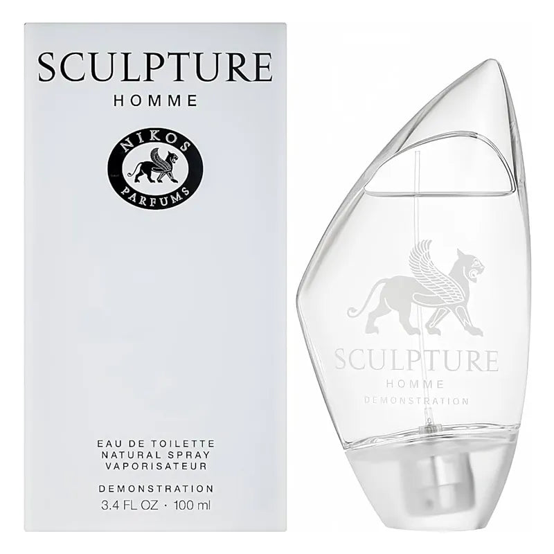Frasco Sculpture Homme Nikos Parfums diseño dorado icónico