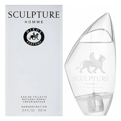 Frasco Sculpture Homme Nikos Parfums diseño dorado icónico