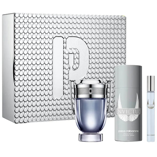 Estuche azul metálico de Invictus Paco Rabanne con botella de 100ml y productos complementarios
