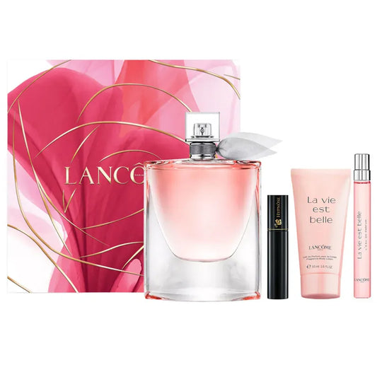 Estuche rosa de lujo Lancôme con perfume La Vie Est Belle EDP 100ml y productos complementarios
