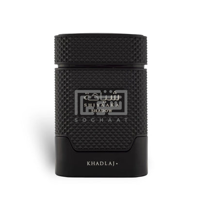 Vista frontal del perfume Shiyaaka Shadow Khadlaj Special Edition mostrando su diseño elegante y tapa plateada