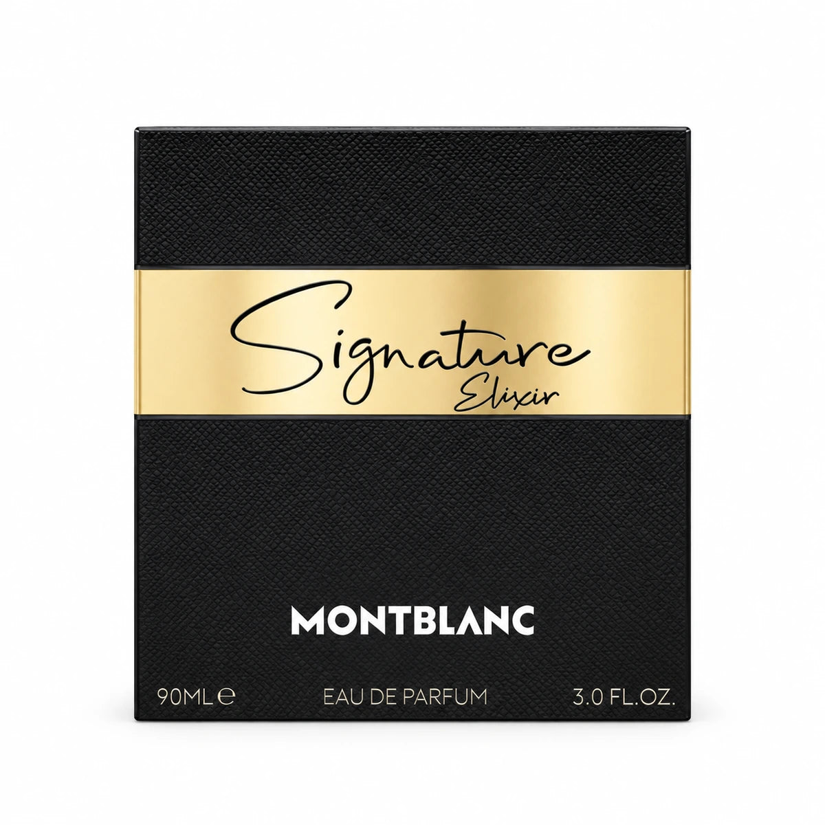 Caja negra con franja dorada de Signature Elixir de Montblanc, Eau de Parfum de 90 ml para mujer, sobre fondo blanco