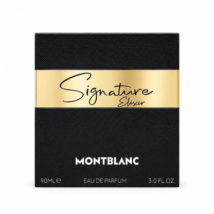 Caja negra con franja dorada de Signature Elixir de Montblanc, Eau de Parfum de 90 ml para mujer, sobre fondo blanco