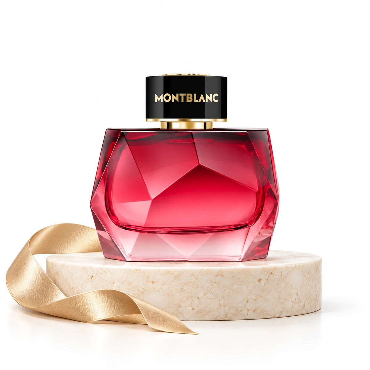 Frasco de Montblanc Signature Elixir Eau de Parfum de 90 ml sobre una base de piedra clara junto a una cinta dorada
