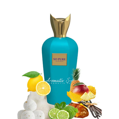 Detalle del frasco del perfume So Pure Milestone mostrando la textura del vidrio y el tapón metálico