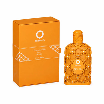 Frasco de Soleil de Orientica 80 ml EDP unisex con una fragancia cremosa, avainillada y elegante