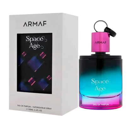 imagen del perfume space age armaf mostrando su frasco metálico de diseño futurista