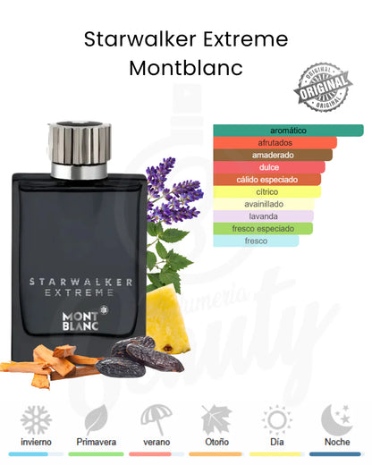 envase negro del perfume starwalker extreme de mont blanc con detalles plateados  resaltando la elegancia de la marca 