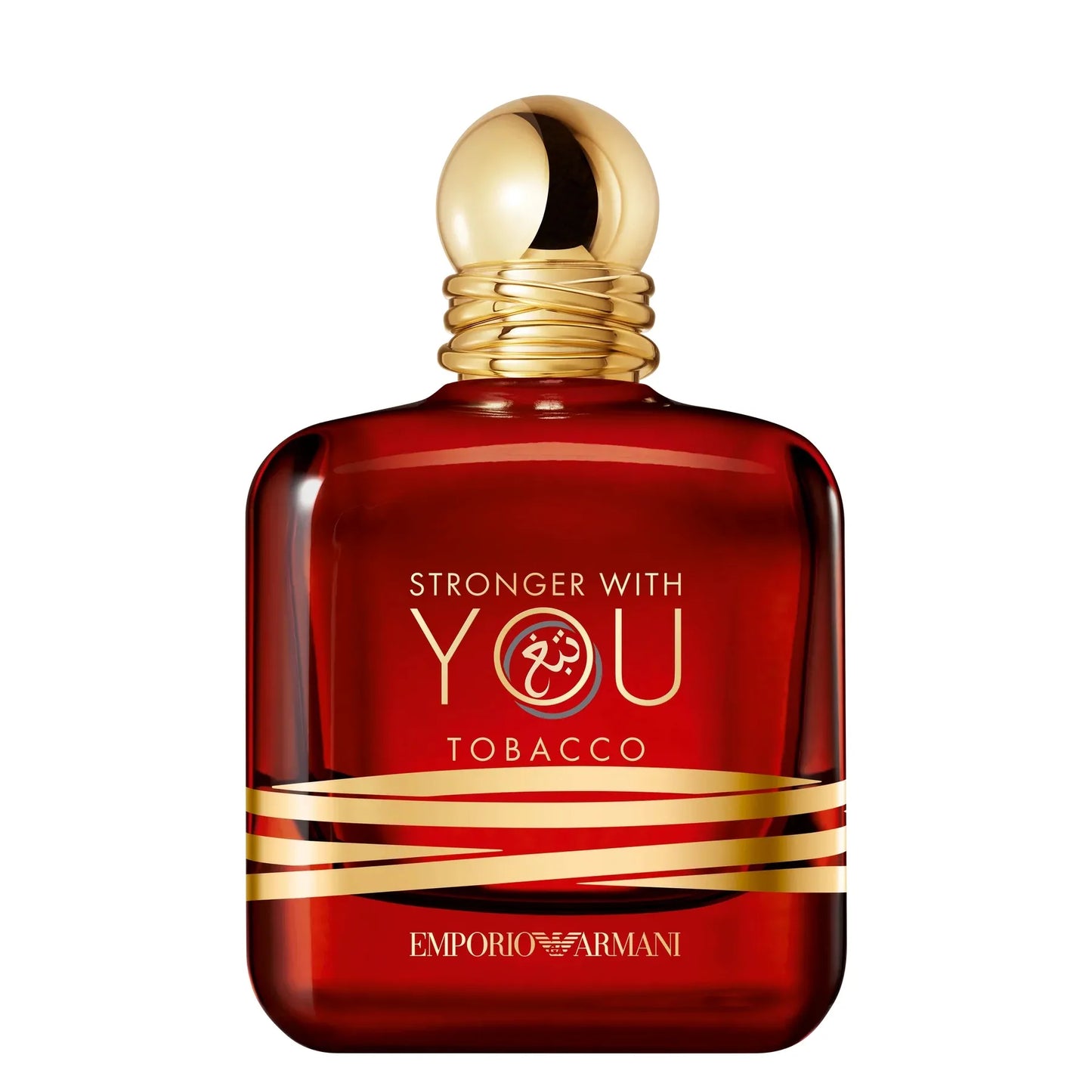 Perfume Emporio Armani Stronger With You Tobacco 100ml junto a su caja original color marrón oscuro con detalles dorados